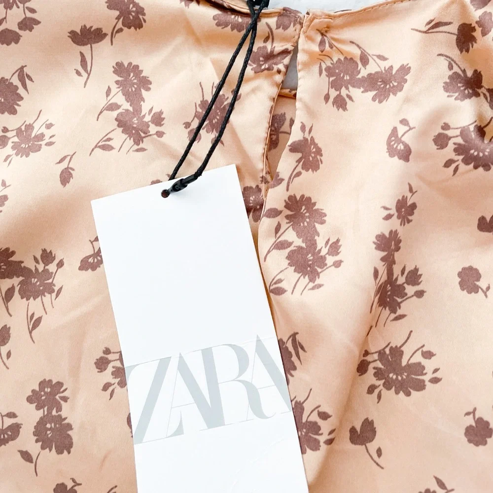 NWT- ZARA Cropped Floral Silky Cropped Long Sleeved Top
